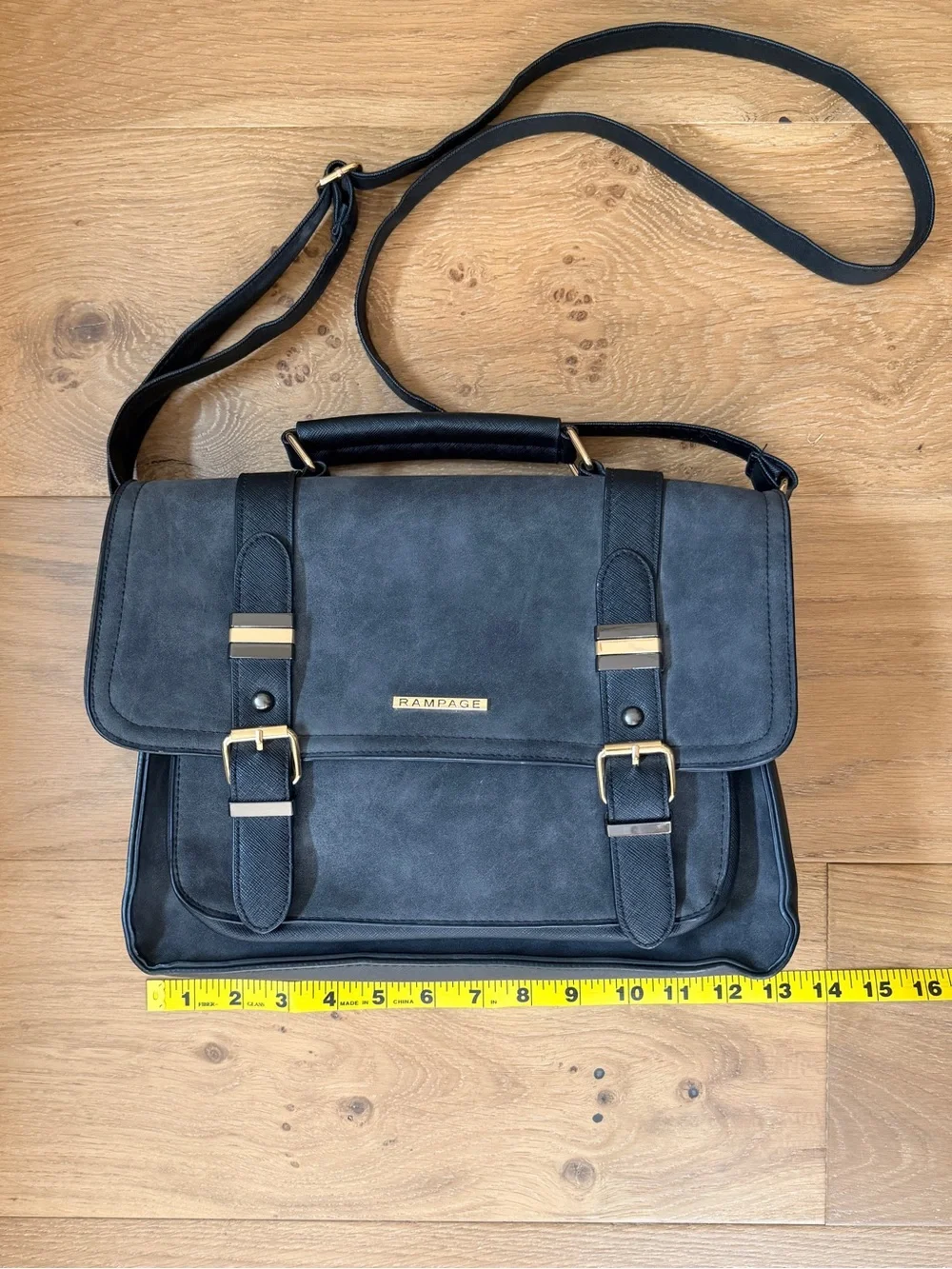 Rampage Retro Black Faux Leather Suede Satchel Messenger Crossbody Bag Laptop